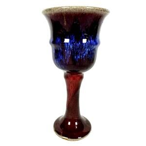 Hand Crafted Pottery Wine Glass 7.5" Brown Bright Blue Glaze-Excellent!